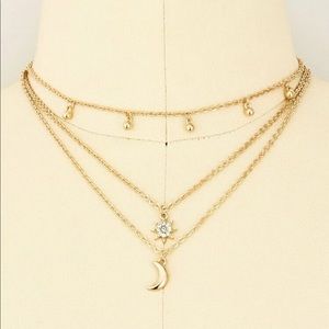 Moon & Sun Detail Layered Choker Necklace Gold